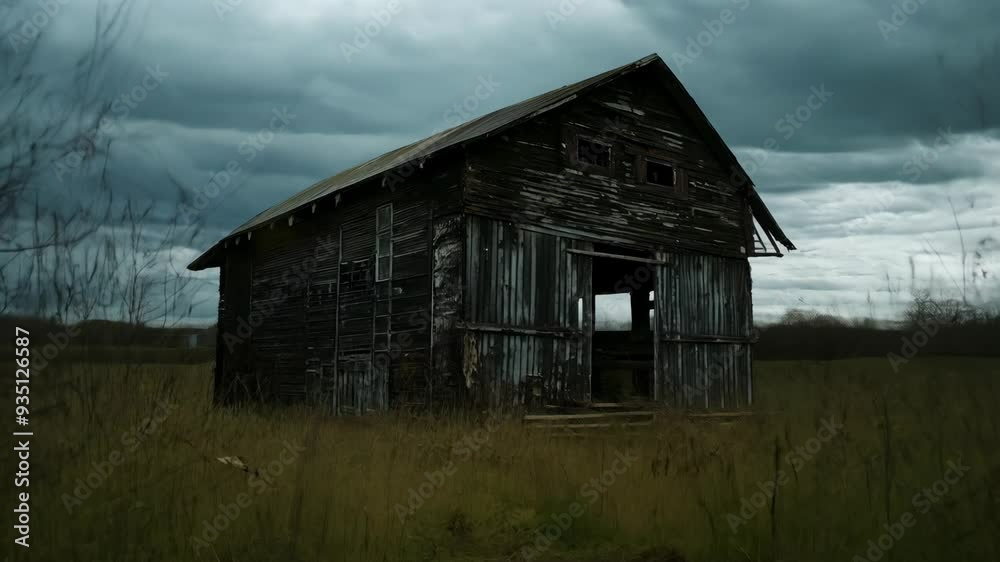 Abandoned wooden barn in a stormy landscape at dusk surrounded by overgrown grass and trees Abandoned wooden barn in a stormy landscape at dusk surrounded by overgrown grass and trees