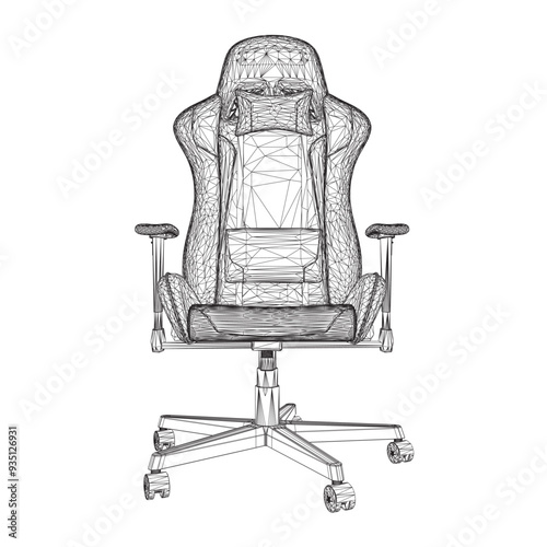 Gaming chair wireframe vector illustration. Drawing of computer chair, comfortable equipment for gaming isolated on white background. Furniture, gaming, comfort concept. 3D.