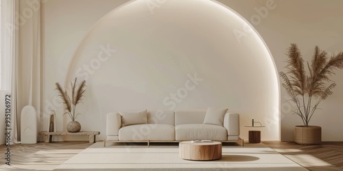 living room with white walls forming a frame, a cozy white sofa and ornamental plants. wall mockup concept in a minimalist house, 3d rendering, 3d illustration