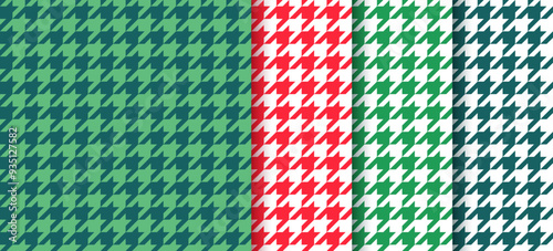Houndstooth seamless pattern. Christmas, New year backgrounds. Hound tooth prints. Set plaid red green textures. Festive wrapping paper. Geometric tweed backdrops. Vector illustration