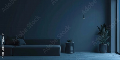 Fototapeta Naklejka Na Ścianę i Meble -  living room at night without lighting. Wall mockup in a modern minimalist house design, 3D rendering