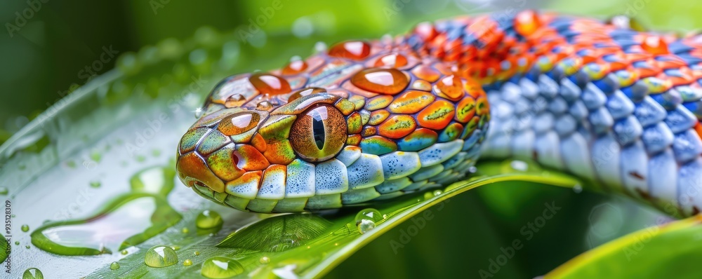 Colorful snake with water droplets on a green leaf Colorful snake with water droplets on a green leaf
