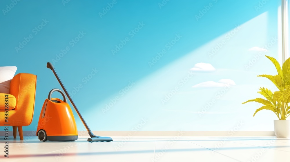 Fototapeta premium Busy Vacuum Cleaner in Action Cleaning Spotless Living Room with Copy Space for Text