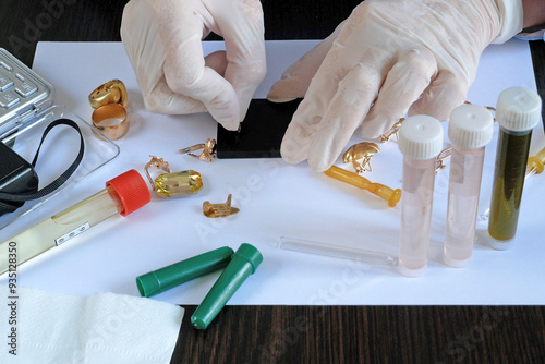 A pawn shop employee tests old gold jewelry using reagents and a touchstone, Buying old gold