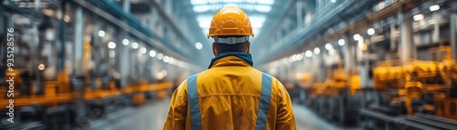 Construction worker in safety gear, standing in a brightly lit industrial setting, back view photo