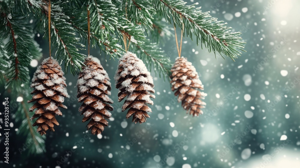 Frosty Pine Cones Hanging From Evergreen Branches With Falling Snow / Christmas Decoration Concept with generative ai Frosty Pine Cones Hanging From Evergreen Branches With Falling Snow / Christmas Decoration Concept with generative ai