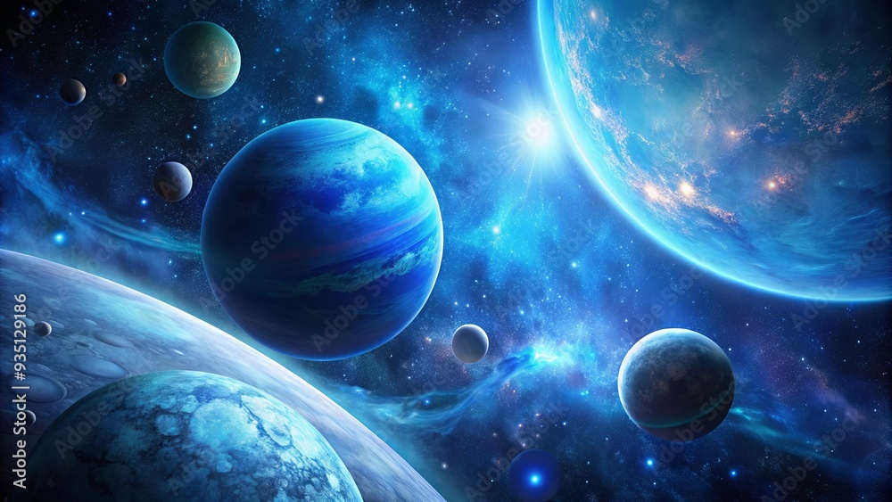 A breathtaking image of a blue planet surrounded by multiple moons, creating a mysterious and enchanting scene in deep space A breathtaking image of a blue planet surrounded by multiple moons, creating a mysterious and enchanting scene in deep space
