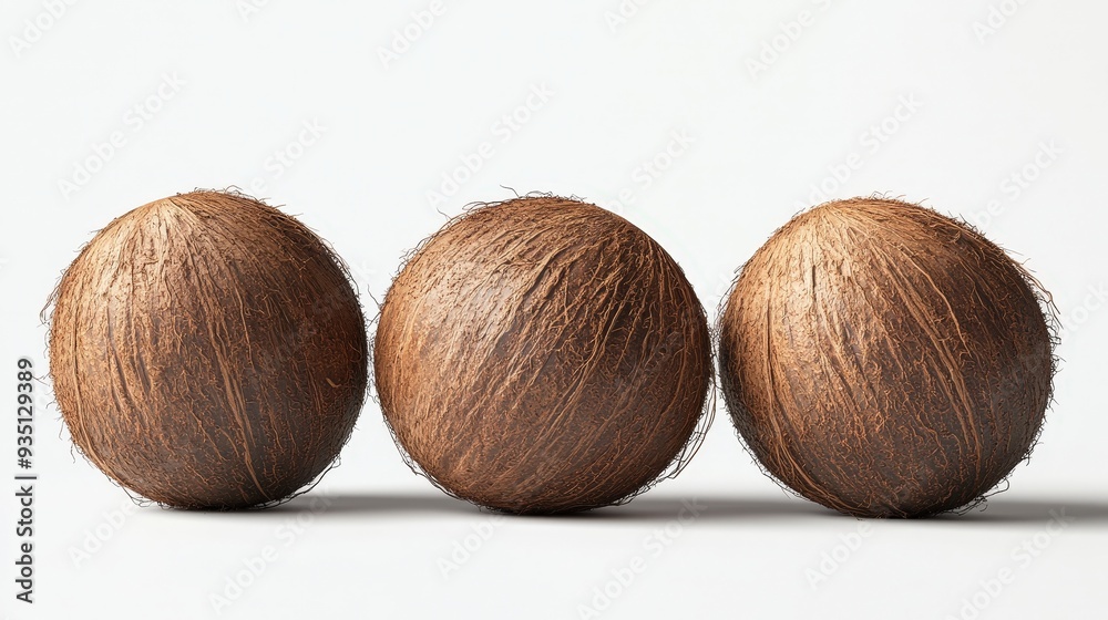 Three whole coconuts lined up in a row on a white background.