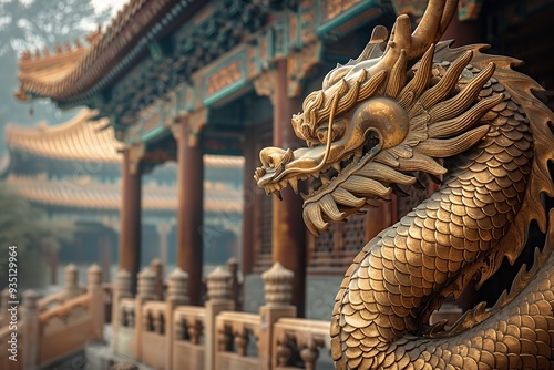 A stunning monument of a glittering dragons having an angry gaze which represents legend and fable lies in the heart of a historic temple in China, Generative AI. photo