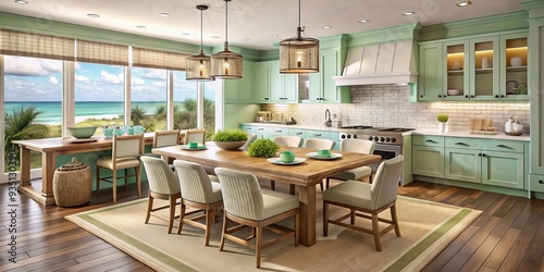 Fresh and coastal, seafoam green accents dance across sandy hues, whisking diners away to a tranquil beachside sojourn. photo