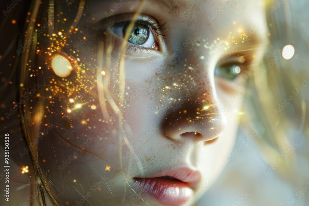 A young girl with a joyful expression, her face adorned with shimmering stars, radiating a sense of wonder and imagination, A little heavenly being with sparkling eyes and a serene demeanor A young girl with a joyful expression, her face adorned with shimmering stars, radiating a sense of wonder and imagination, A little heavenly being with sparkling eyes and a serene demeanor