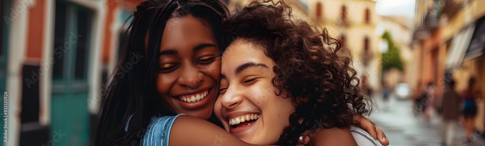 Two young women are having fun and friends are hugging each other.Two happy affectionate young woman hugging each other in a close embrace while laughing and smiling, young multiracial female friends. Two young women are having fun and friends are hugging each other.Two happy affectionate young woman hugging each other in a close embrace while laughing and smiling, young multiracial female friends.