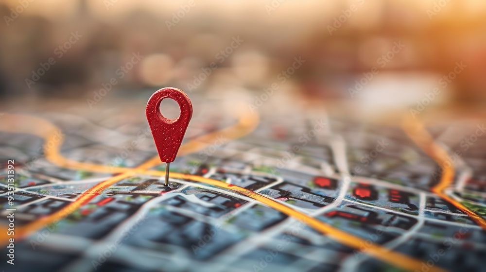 A geographical map featuring a red pin point and a map location pointer symbol highlighted over a blurry backdrop with extensive blank space, Generative AI. A geographical map featuring a red pin point and a map location pointer symbol highlighted over a blurry backdrop with extensive blank space, Generative AI.