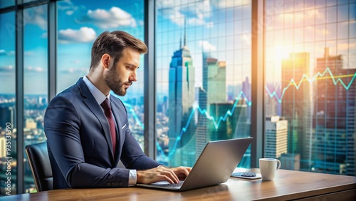 A businessman in a suit sits in front of a laptop, analyzing stock market data and graphs, with a city skyline visible through the window behind him.