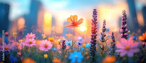 Vibrant wildflowers bloom in urban setting, skyscrapers blurred in background, lowangle, twilight shot photo