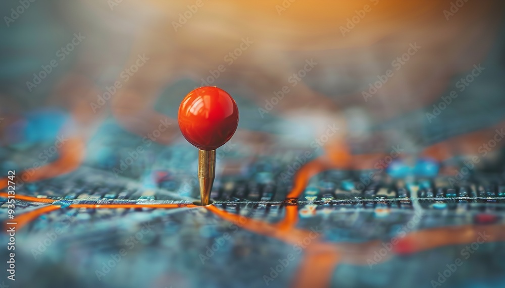 A geographical map featuring a red pin point and a map location pointer symbol highlighted over a blurry backdrop with extensive blank space, Generative AI. A geographical map featuring a red pin point and a map location pointer symbol highlighted over a blurry backdrop with extensive blank space, Generative AI.