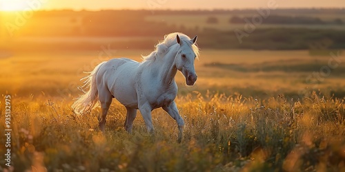 A silhouette of a white horse with lengthy mane running in a blossoming zone opposed with beautiful sunny sky in the backdrop, Generative AI.