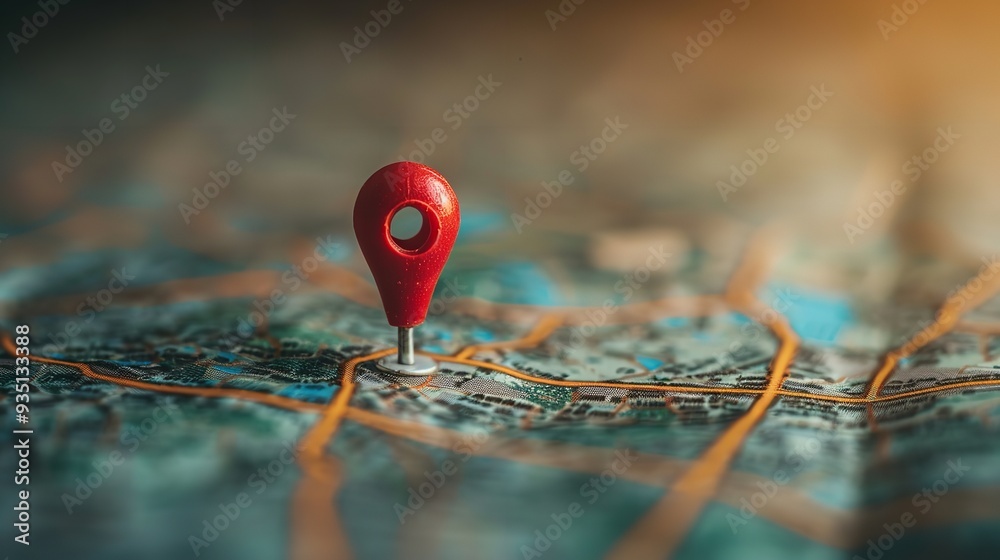 A geographical map featuring a red pin point and a map location pointer symbol highlighted over a blurry backdrop with extensive blank space, Generative AI. A geographical map featuring a red pin point and a map location pointer symbol highlighted over a blurry backdrop with extensive blank space, Generative AI.