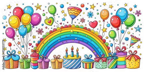 Colorful and festive rainbow happy birthday doodles with balloons, candles, presents, and confetti