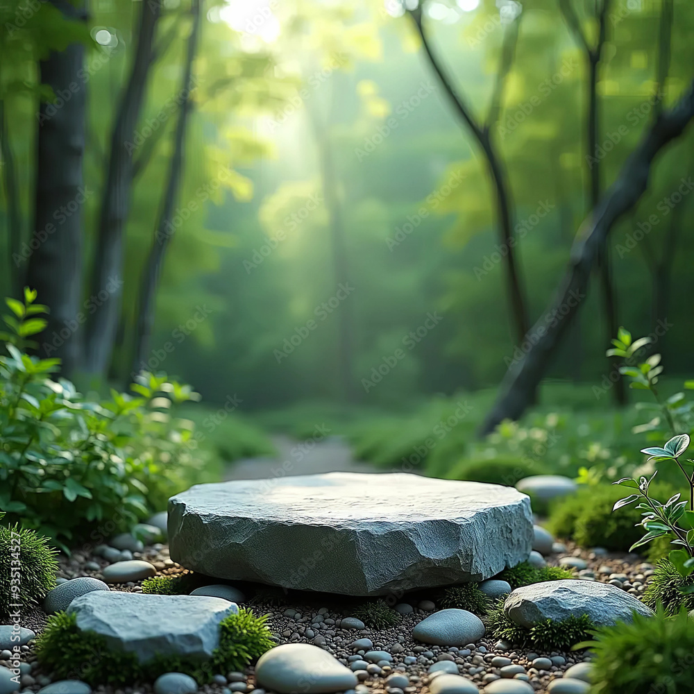A tranquil pathway meanders through a lush forest, featuring a prominent stone at its center, surrounded by vibrant greenery and bathed in soft, warm sunlight A tranquil pathway meanders through a lush forest, featuring a prominent stone at its center, surrounded by vibrant greenery and bathed in soft, warm sunlight