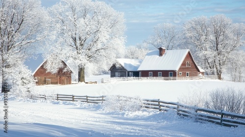 A picturesque winter landscape featuring a snow-covered farm and trees.