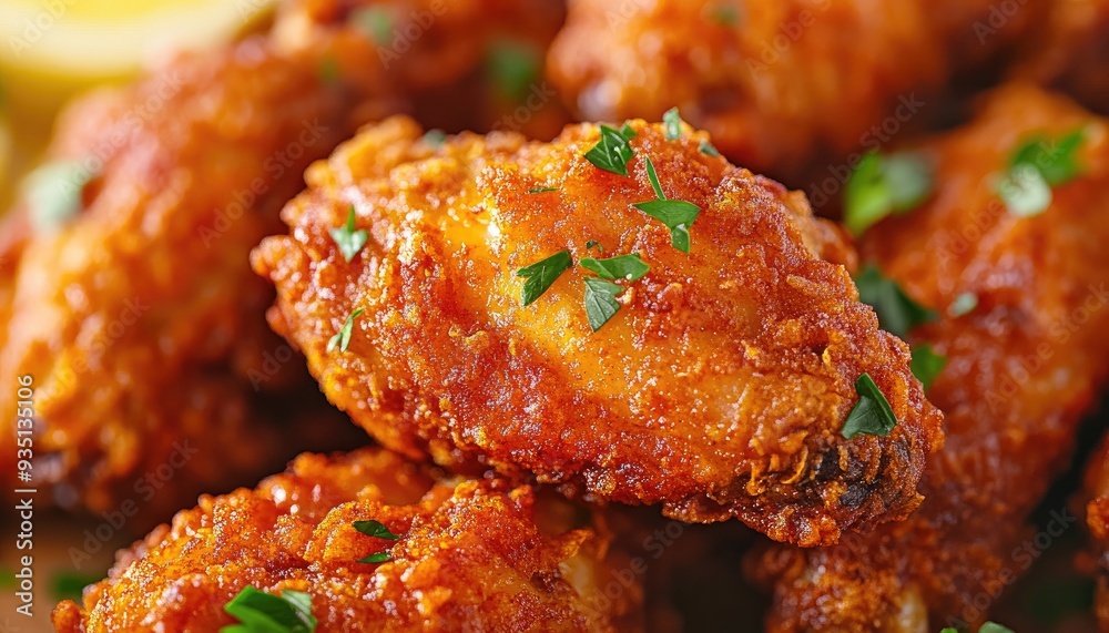 Close-up of crispy fried chicken wings with parsley. Close-up of crispy fried chicken wings with parsley.