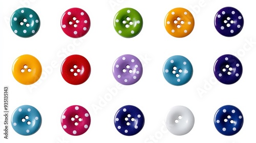 A collection of colorful buttons with white polka dots arranged in three rows of five.