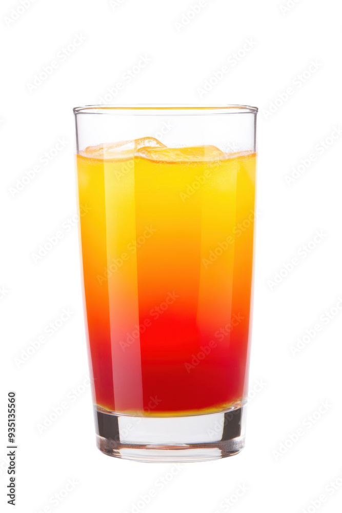 Vibrant tropical drink with layers of yellow and red colors, refreshing ice added, perfect for summer or festive occasions. Vibrant tropical drink with layers of yellow and red colors, refreshing ice added, perfect for summer or festive occasions.
