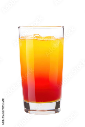 Vibrant tropical drink with layers of yellow and red colors, refreshing ice added, perfect for summer or festive occasions.