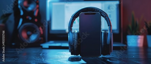 Overhead view of a cordless headset with a blanked screen smartphone isolated over a dark landscape and unoccupied text area, Generative AI.
