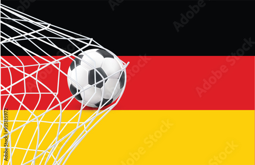 Germany flag with a soccer ball in a net. Soccer goal. Vector illustration. 