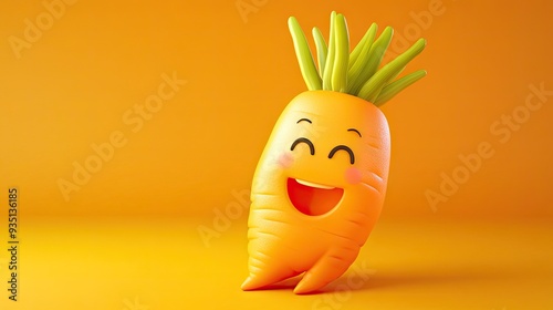 A joyful 3D cartoon carrot with a happy face, set against a bright orange background, radiating energy and freshness. photo