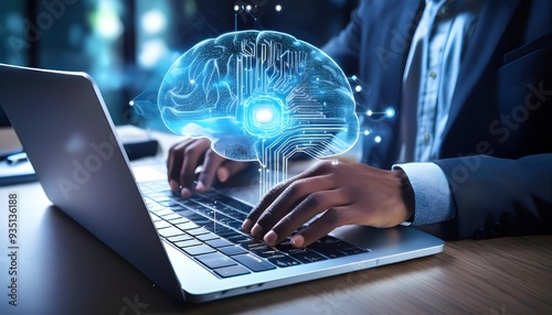 Man Hands Typing on Laptop with Digital AI Brain Hologram and Machine Learning,AI Brain Hologram and Machine Learning Concept: Man Typing on Laptop