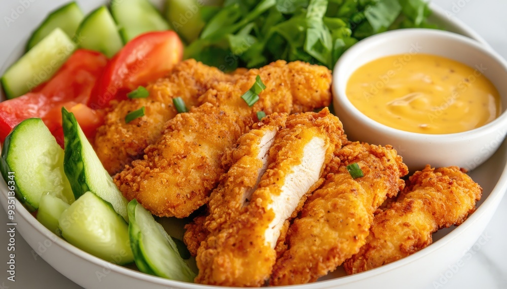 Crispy chicken tenders with a side of fresh cucumber, tomato, and greens, and a side of dipping sauce. Crispy chicken tenders with a side of fresh cucumber, tomato, and greens, and a side of dipping sauce.