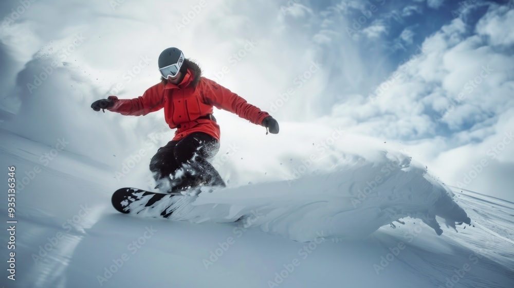 A snowboarder skillfully navigates down a snowy slope, sending powder flying into the air. The athlete is dressed in bright gear, soaking in the winter sun A snowboarder skillfully navigates down a snowy slope, sending powder flying into the air. The athlete is dressed in bright gear, soaking in the winter sun