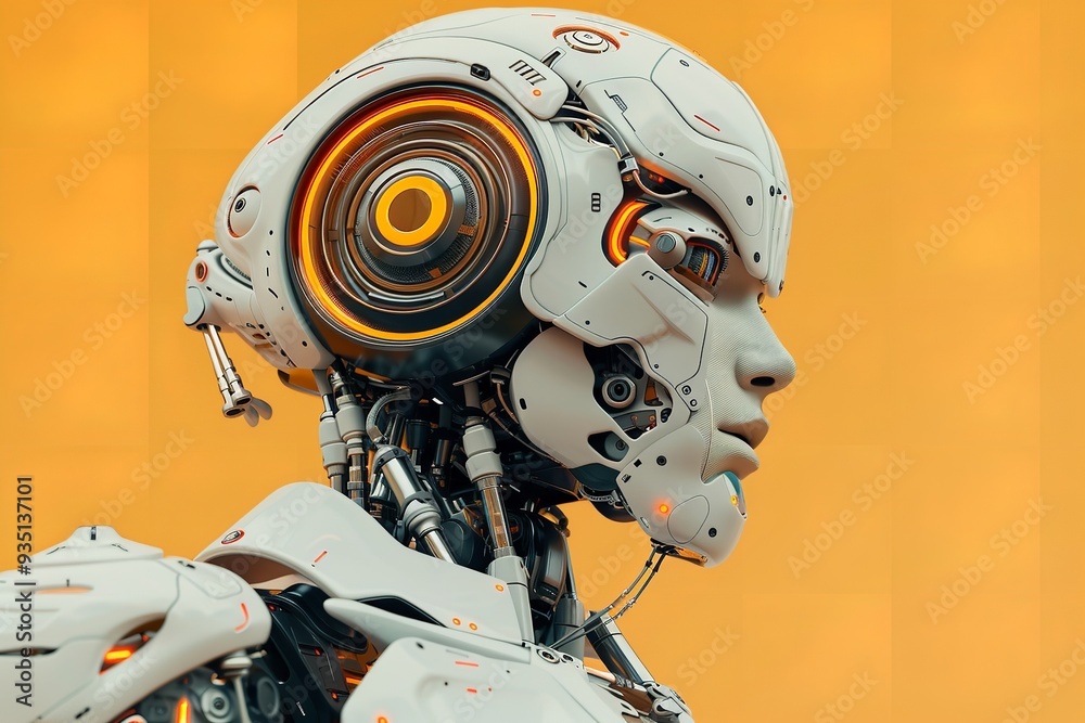 In-depth of an artificially intelligent robot skull placed on a soothing backdrop with an adjacent advert void space, Generative AI. In-depth of an artificially intelligent robot skull placed on a soothing backdrop with an adjacent advert void space, Generative AI.