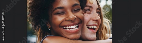 Two young women are having fun and friends are hugging each other.Two happy affectionate young woman hugging each other in a close embrace while laughing and smiling, young multiracial female friends.