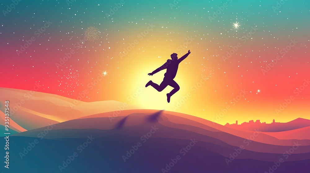 Welcome Merry Christmas in 2025. A young man jump between 2024 and 2025 years over the sun and through on the gap of hill silhouette evening colorful sky. Happy new year. generative ai Welcome Merry Christmas in 2025. A young man jump between 2024 and 2025 years over the sun and through on the gap of hill silhouette evening colorful sky. Happy new year. generative ai