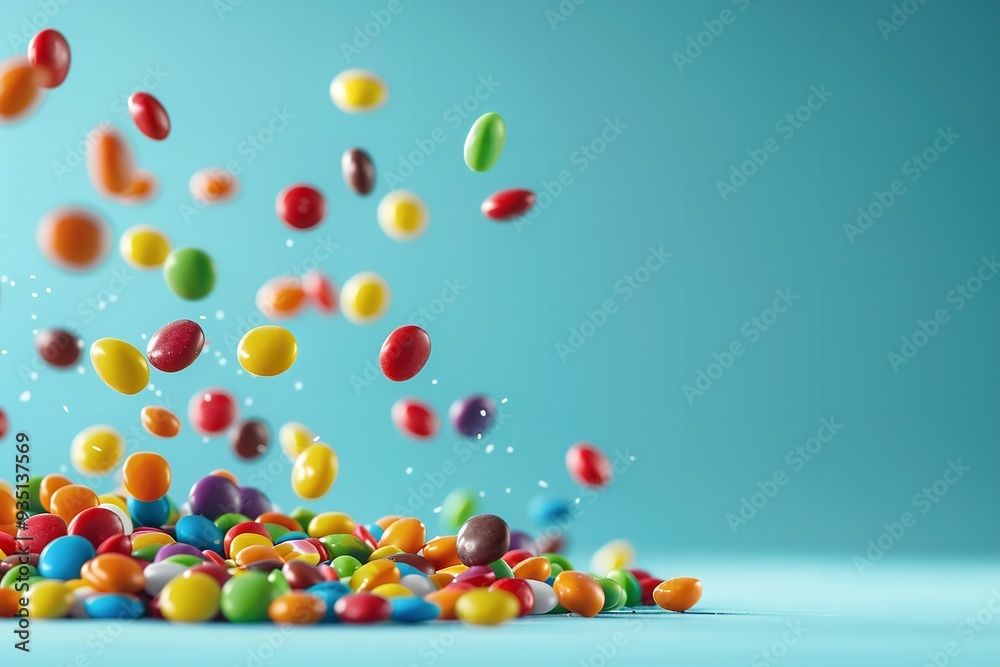 Chocolate beans in many different colors hovering across a backdrop of soothing hues with textual opportunity, Generative AI. Chocolate beans in many different colors hovering across a backdrop of soothing hues with textual opportunity, Generative AI.