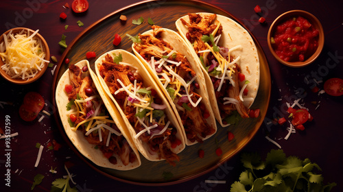 Tender grilled chicken tacos topped with fresh ingredients rest on a rustic wooden table, beautifully illuminated by golden hour sunlight