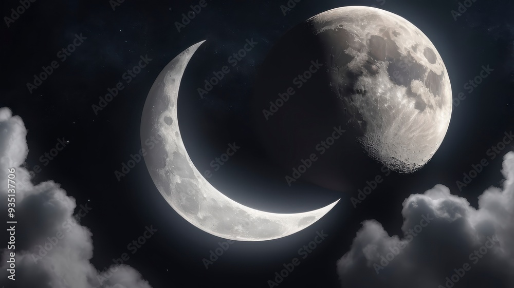 Fototapeta premium Dark sky with close-up waxing crescent moon