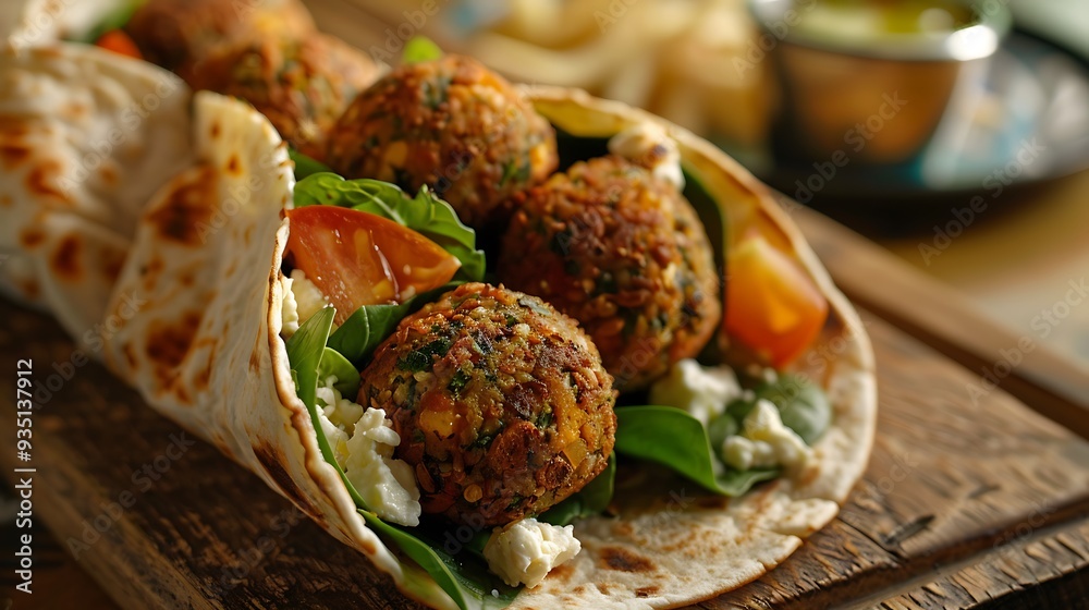Falafel wrap filled with squash tomato slices spinach and feta balls Falafel wrap filled with squash tomato slices spinach and feta balls