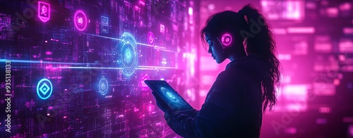 A woman standing against a cyberpunk cityscape, her face scanned by a vibrant hologram from her tablet, surrounded by neon-lit security symbols, set against a dark purple background