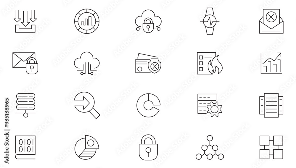 Data line icon collection. Cloud data, database, data analysis, cloud computing, server traffic, web security, server, and cloud computing icon set. UI outline icons pack Data line icon collection. Cloud data, database, data analysis, cloud computing, server traffic, web security, server, and cloud computing icon set. UI outline icons pack