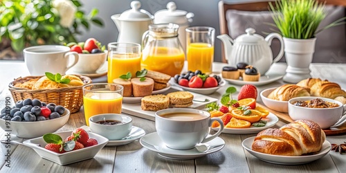 A beautifully set breakfast table with various dishes and utensils