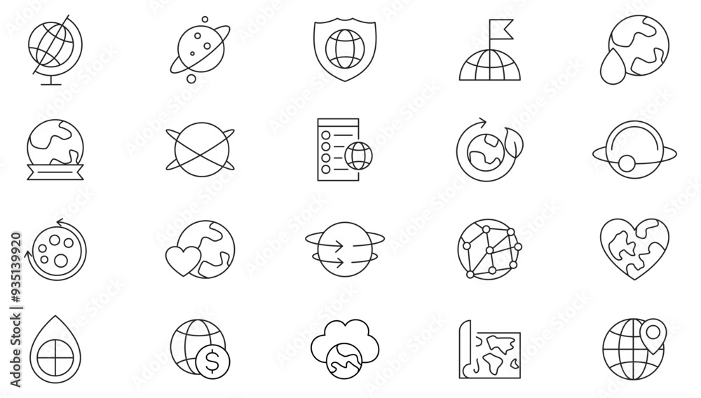 Earth and globe line icon collection. Website, browser, Map, planet, earth, global business, and round the world icon set. UI outline icon pack Earth and globe line icon collection. Website, browser, Map, planet, earth, global business, and round the world icon set. UI outline icon pack