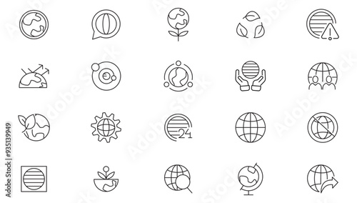 Earth and globe line icon collection. Website, browser, Map, planet, earth, global business, and round the world icon set. UI outline icon pack