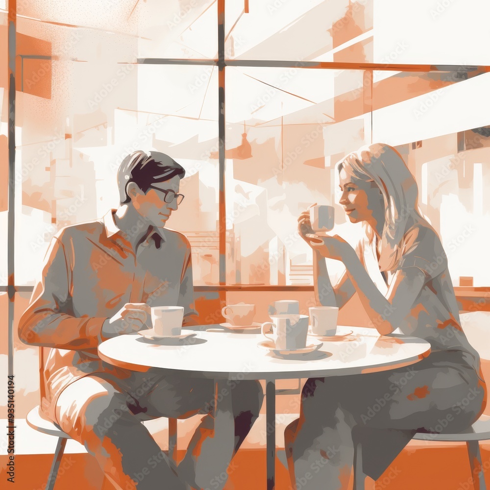 Illustration of Two People Enjoying Coffee in a Modern Cafe, Conversation Over Coffee Cups, Warm Tones Illustration of Two People Enjoying Coffee in a Modern Cafe, Conversation Over Coffee Cups, Warm Tones