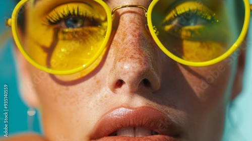  A tight shot of a woman's face with bright yellow sunglasses concealing her eyes, and a freckled lower lip photo