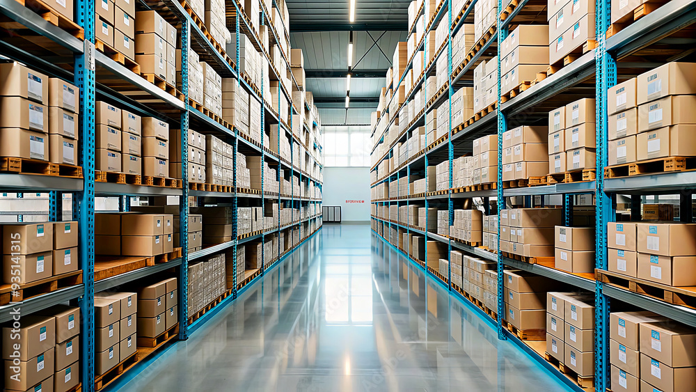Numerous cardboard boxes are neatly stacked on blue metal shelves in a large, well-lit warehouse, illustrating a methodical storage system for inventory management Numerous cardboard boxes are neatly stacked on blue metal shelves in a large, well-lit warehouse, illustrating a methodical storage system for inventory management